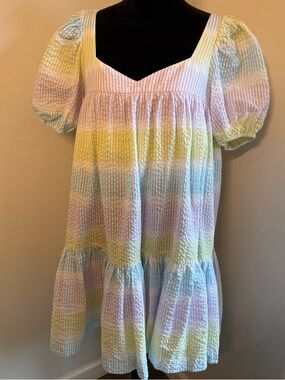 Brand New Pastel Rainbow Puff-Sleeve Dress - Lightweight Seersucker (Size M)